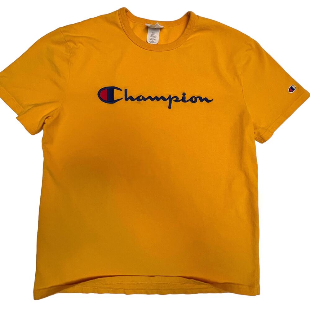 Vintage Champion Yellow 90s Spell Out Script Shirt Embroidered‎ Logo